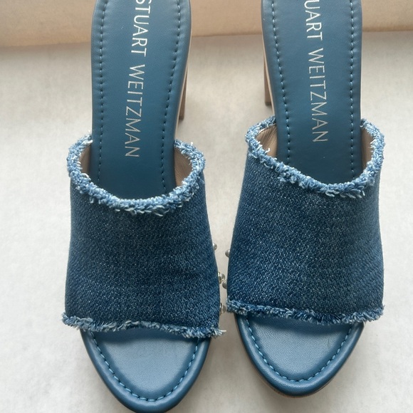 Stuart Weitzman Blue Denim Mules with Frayed Edges